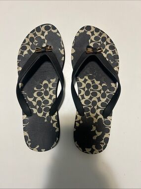 Coach Black Flip Flops with Gold Bow Accent